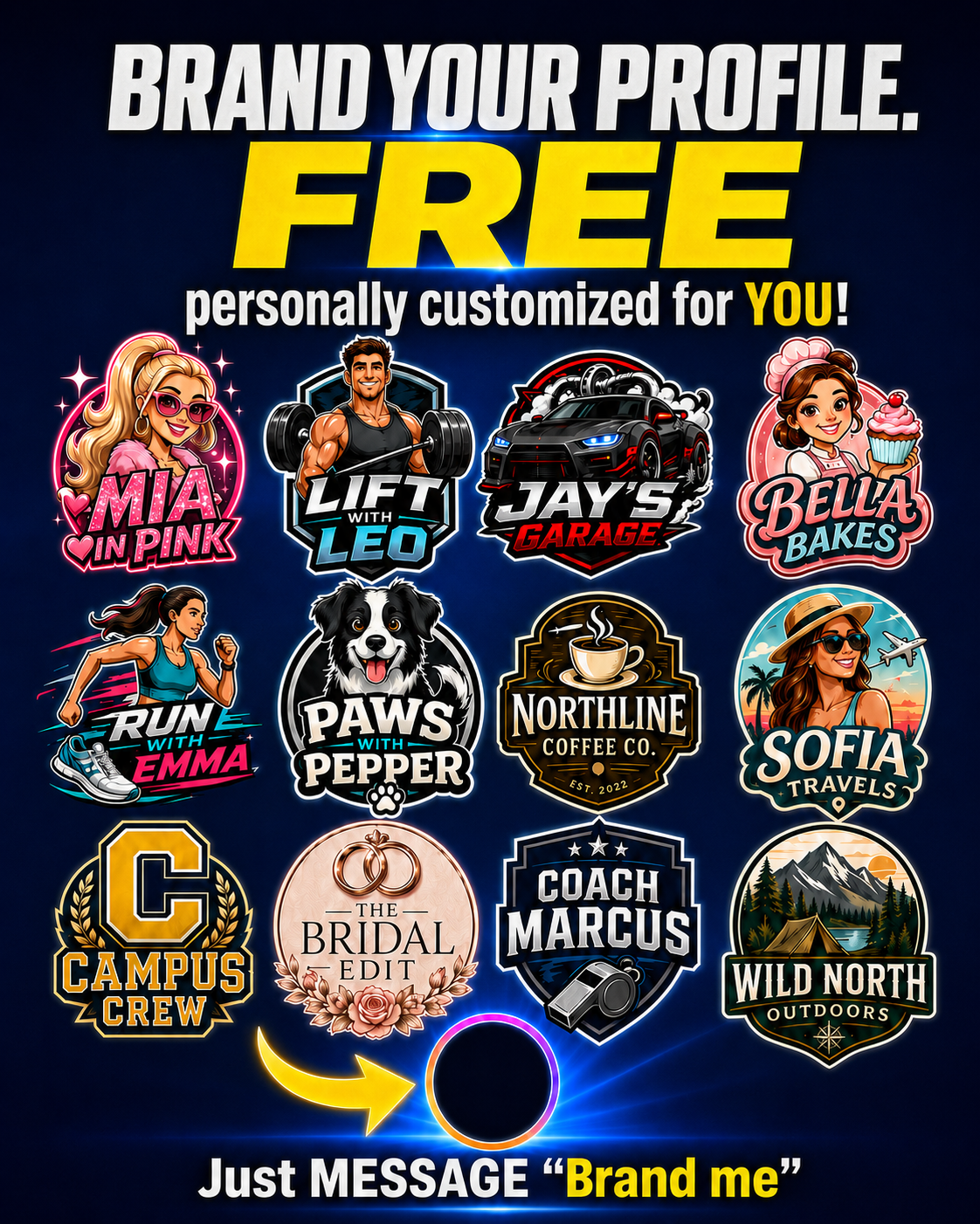 Examples of personally customized Brand Me logos for people, pets, businesses, travel, fitness and outdoor profiles